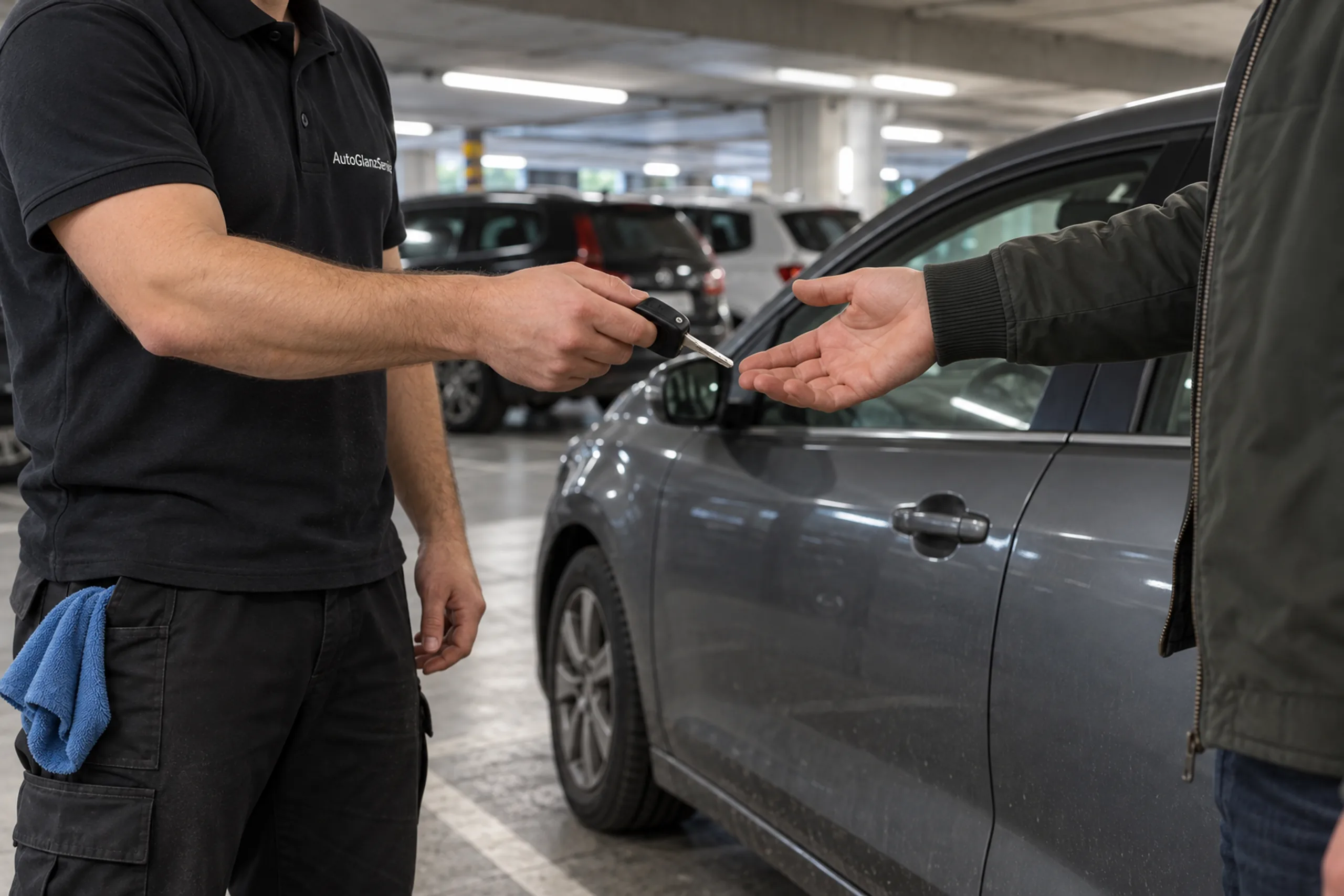 Hände übergeben einen Autoschlüssel neben einem grauen Auto im Parkhaus