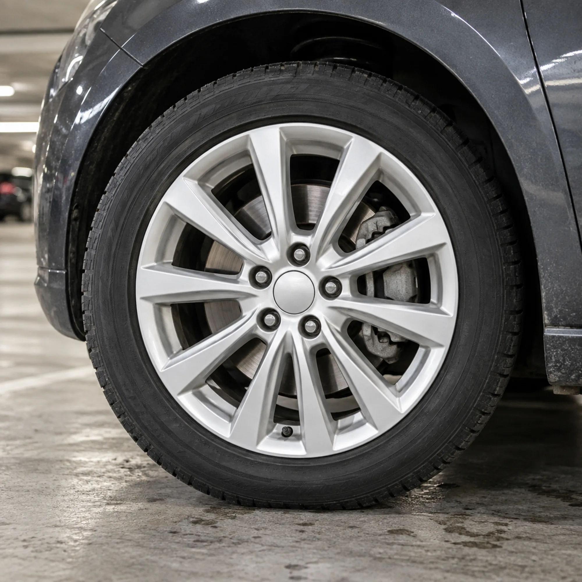 Gereinigte silberne Alufelge am grauen Auto, illustrative Darstellung
