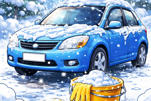 Stimmungsvolle Illustration eines schneebedeckten Autos mit Eimer und Schwamm zur Winter-Autopflege