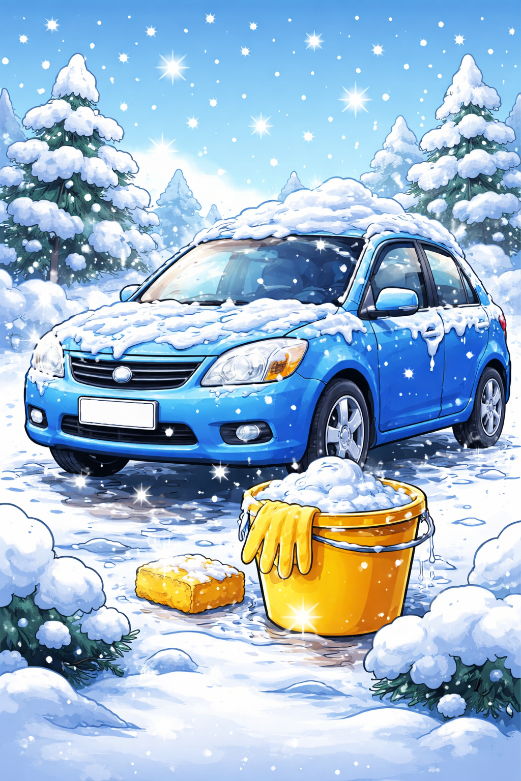 Stimmungsvolle Illustration eines schneebedeckten Autos mit Eimer und Schwamm zur Winter-Autopflege
